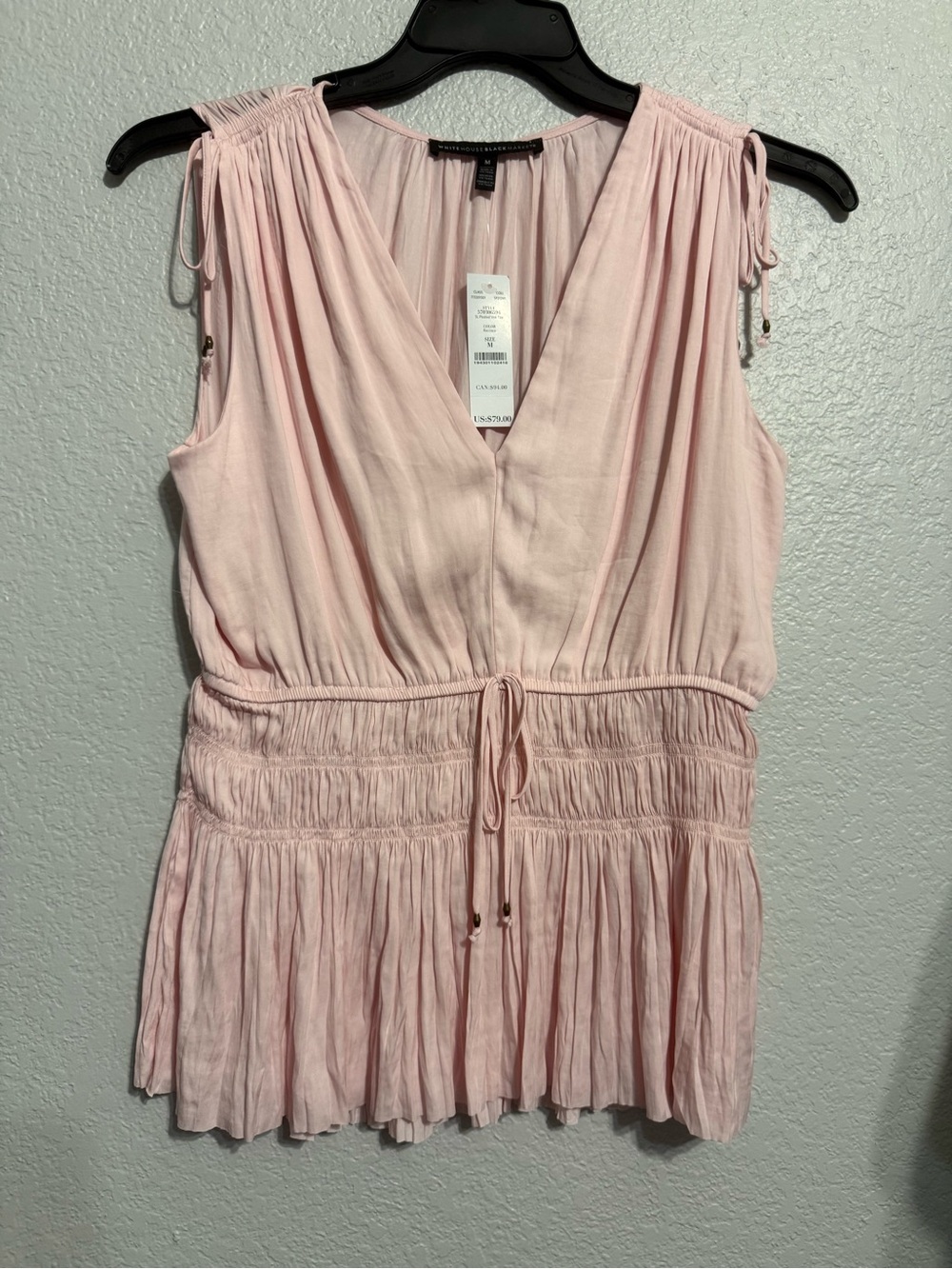White House Black Market Women's Pink Sleeveless V-Neck Smocked Waist Top